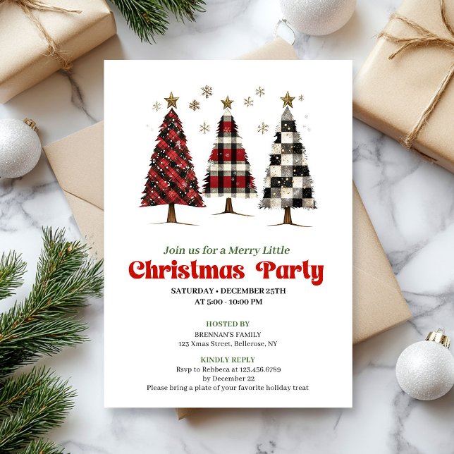 Invitation Tendance arbre de Noël à carreaux de bison éditabl (Trendy buffalo plaid Christmas tree editable invite)