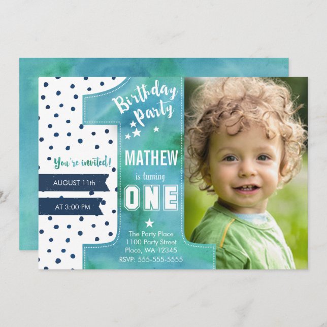 Invitation Tendance | Bleu | Aquarelle | Premier anniversaire (Devant / Derrière)