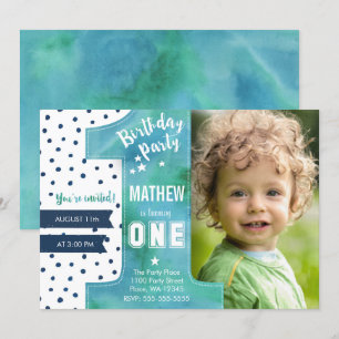 Invitation Tendance   Bleu   Aquarelle   Premier anniversaire