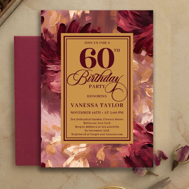Invitation Tendance Boho 60 Anniversaire Bourgogne Or Aquarel (Trendy 60th Birthday Burgundy Gold Watercolor Flowers)