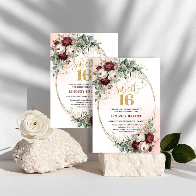 Invitation Tendance Boho Fleurs Rouge Profond Or Anniversaire (Trendy Deep Red Floral Gold Sweet 16 Birthday Invite)