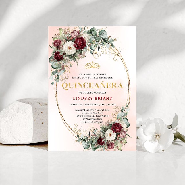 Invitation tendance Boho Marron Floral Eucalyptus  (Trendy Boho Maroon Floral Eucalyptus Quince Invite)