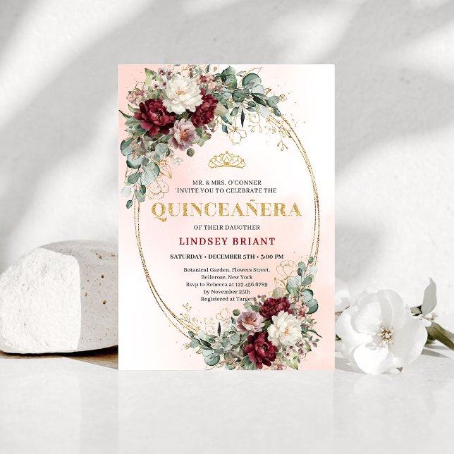 Invitation Tendance Boho Marsala Fleurs Eucalyptus Quinceañer (Trendy Marsala Flowers Eucalyptus Quinceañera Invite)