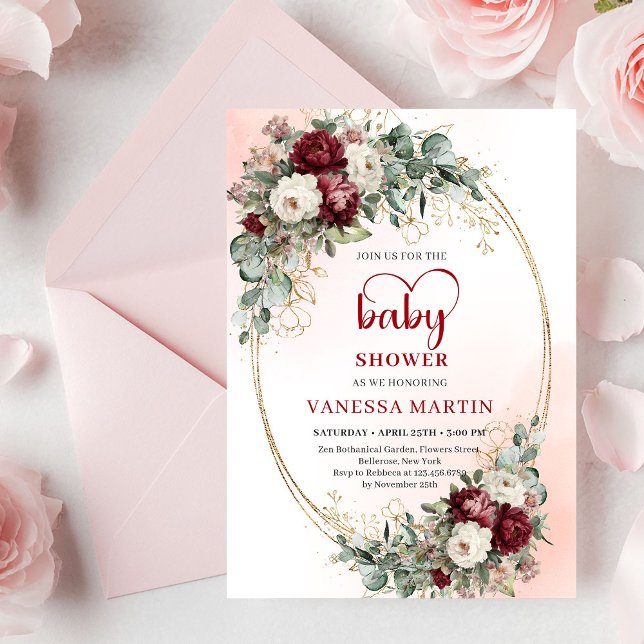 Invitation Tendance Boho Rouge Floral Accent Doré Baby Shower (Trendy Maroon Floral Gold Accent Baby Shower Invite

)