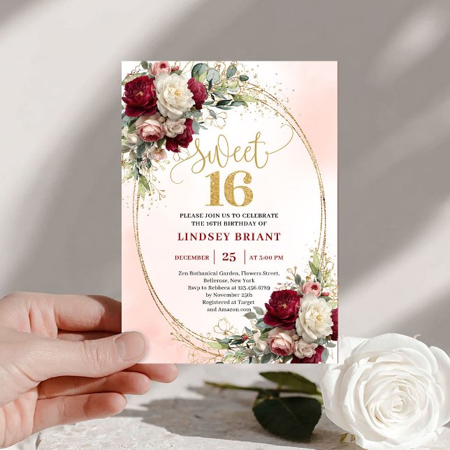 Invitation Tendance Boho Rouge Profond Fleurs Dorées 16e Anni (Trendy Boho Deep Red Gold Floral 16th Birthday Invite)