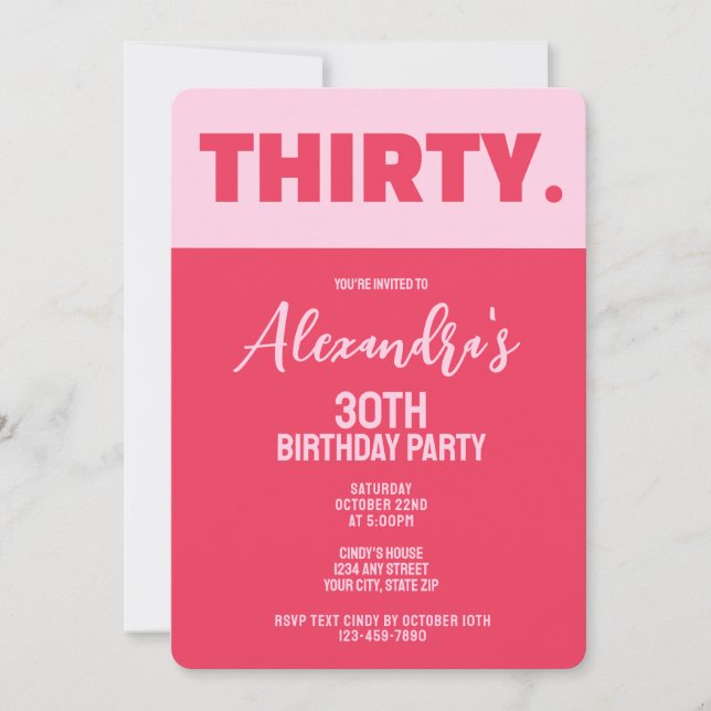 Invitation Tendance Bold rose et rouge fille 30e anniversaire (Devant)