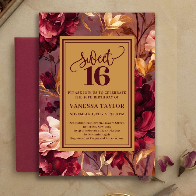 Invitation tendance de 16 ans avec des roses de Bo (Trendy Sweet 16 Burgundy Roses Gold Invitation)