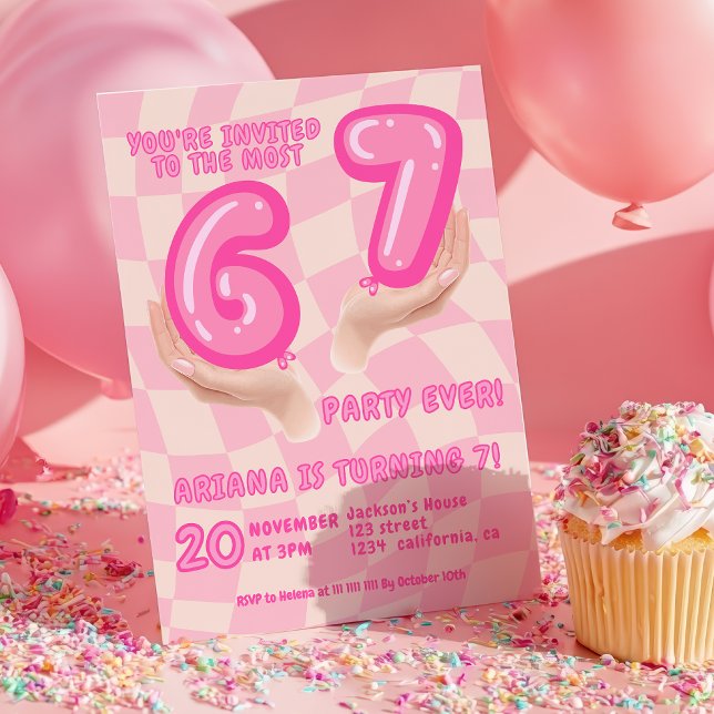 Invitation Tendance de mème 6 7 Anniversaire Rose Rétro (6 7 Meme Trend Six Seven Birthday party Retro Pink Invitation)