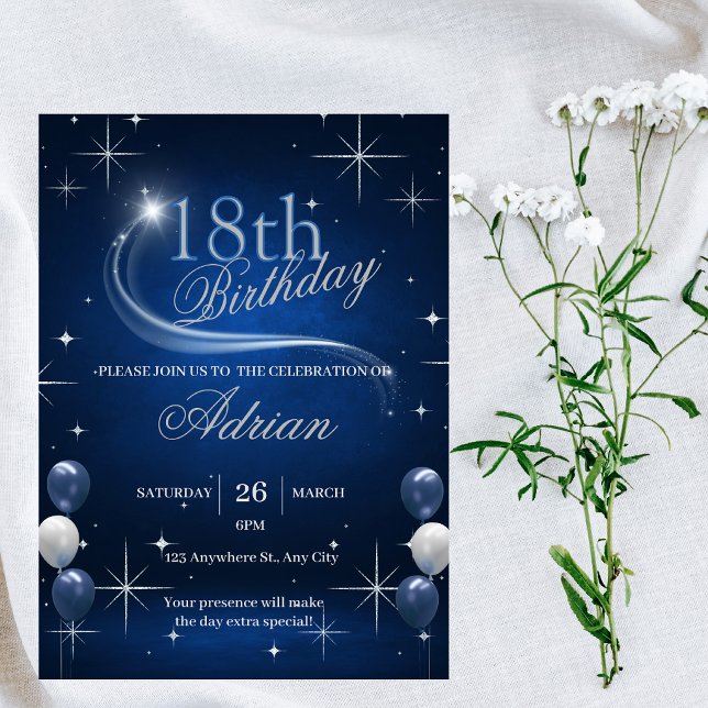 Invitation Tendance Élégant Bleu Argent Anniversaire  (Créateur téléchargé)