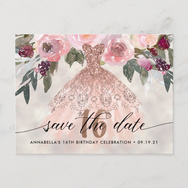 Invitation tendance florale photo pour un Sweet 16 (Devant)