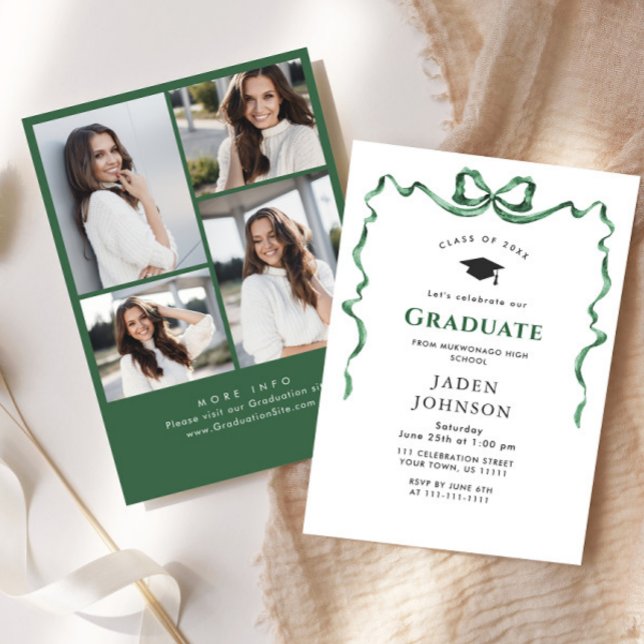 Invitation Tendance Green Bow Ruban 4 PHOTO Graduation Party (Créateur téléchargé)