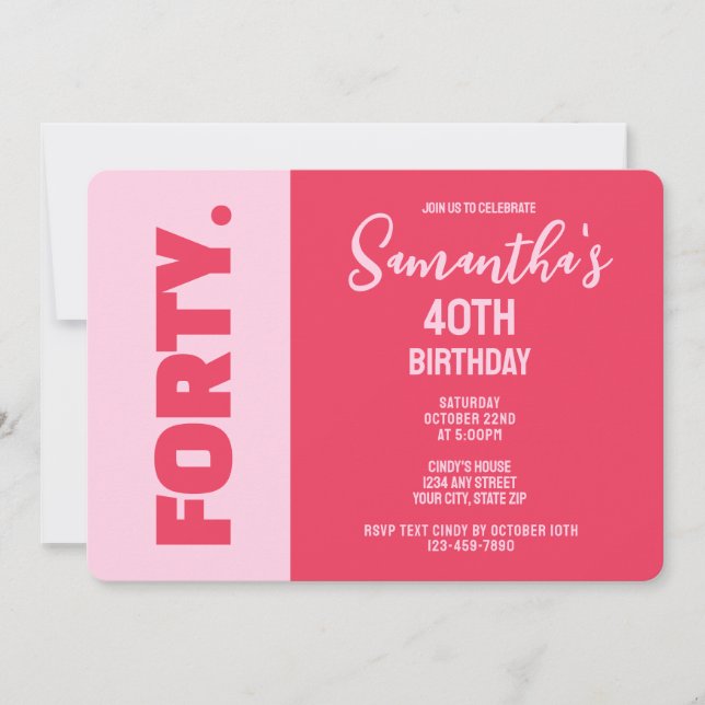 Invitation Tendance Moderne Anniversaire 40 ans Rose & Rouge  (Devant)
