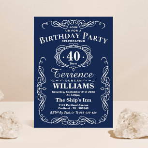 Invitation Tendance Navy Blue & White Typographie Anniversair