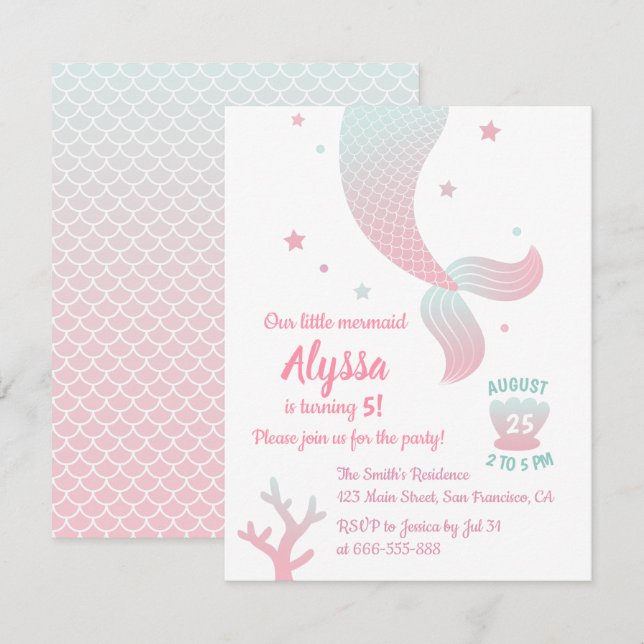 Invitation Tendance Ombre Mermaid Tail Girls Anniversaire (Devant / Derrière)