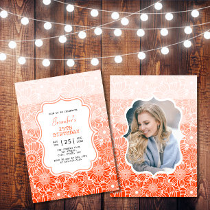 Invitation Tendance Orange Stripes Floral Photo Anniversaire