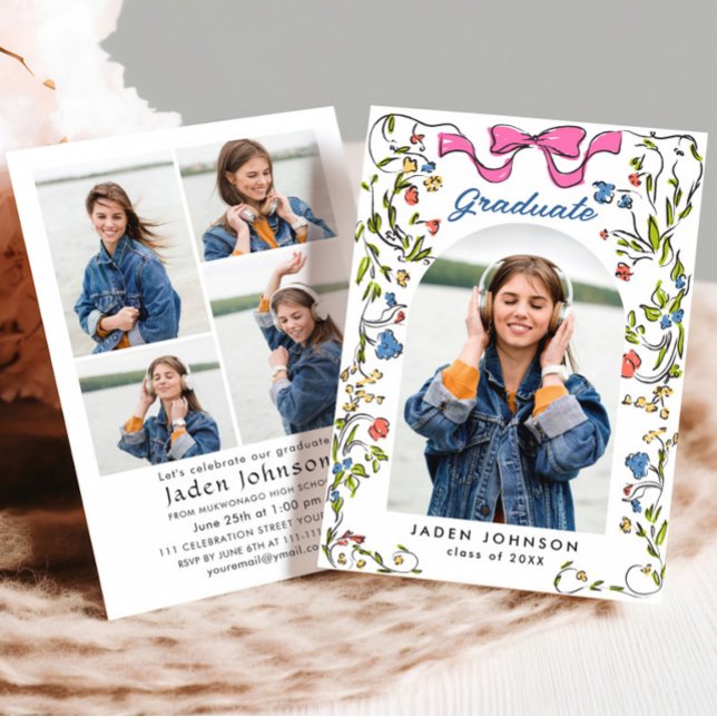 Invitation Tendance Pink Bow Ribbon 2 PHOTO Graduation Party (Créateur téléchargé)
