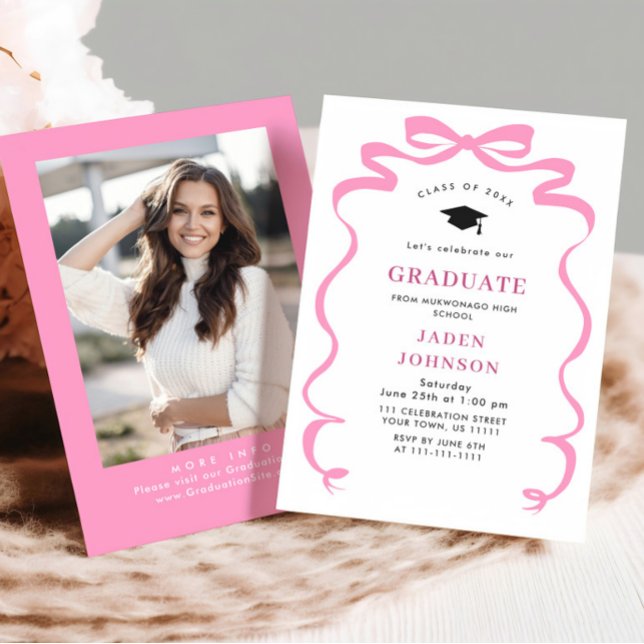Invitation Tendance Pink Bow Ribbon Fête de graduation (Créateur téléchargé)