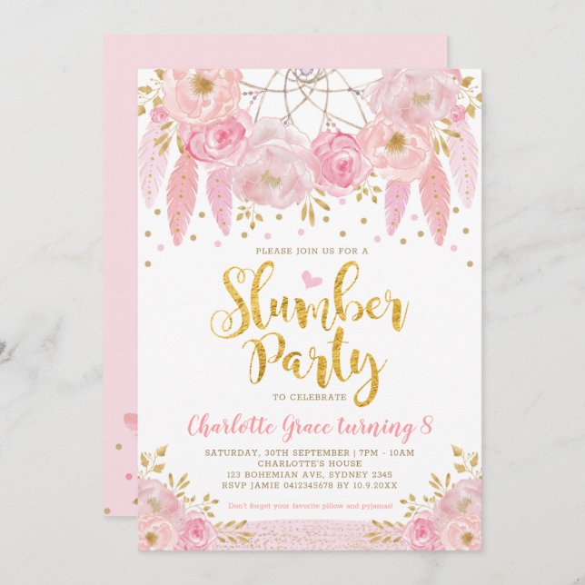 Invitation Tendance Pink Dreamcatcher Sleepover Party (Devant / Derrière)