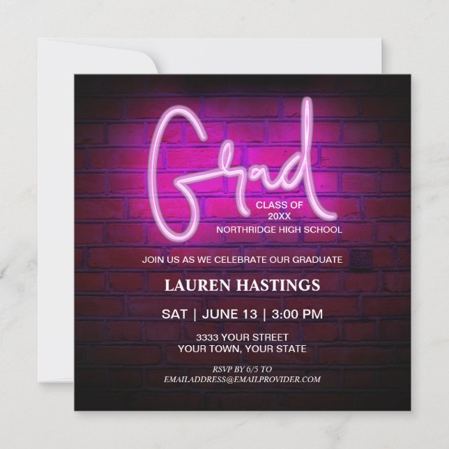 Invitation Tendance Pink Neon 2023 Photo Graduation Party (Devant)