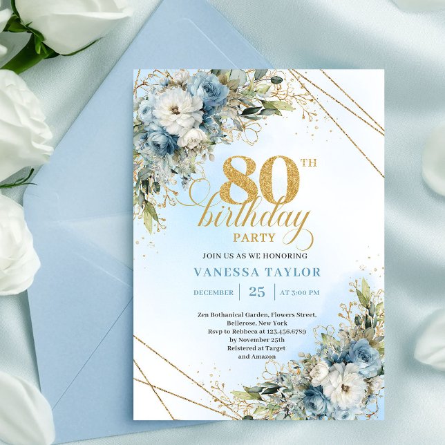 Invitation tendance pour 80e anniversaire Fleurs b (Trendy 80th Birthday Invitation Blue White Florals Boho)