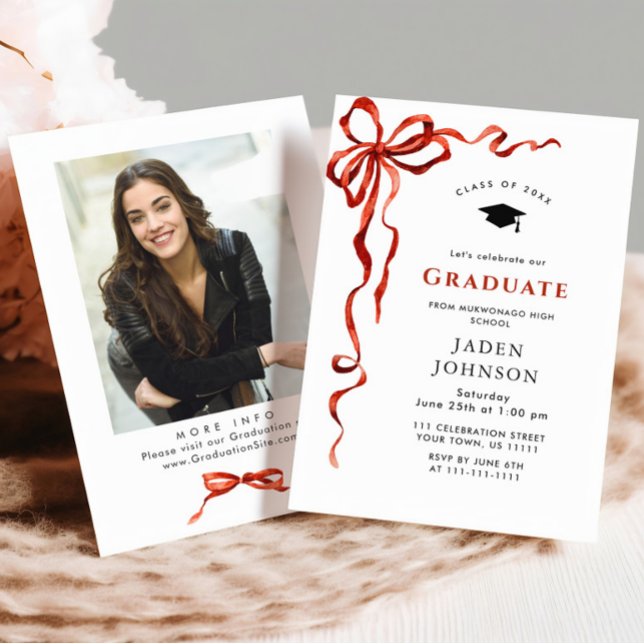 Invitation Tendance Red Bow Ribbon Fête de graduation PHOTO (Créateur téléchargé)
