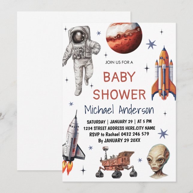 Invitation Tendance Rocket Ship Space Galaxy Alien Baby showe (Devant / Derrière)