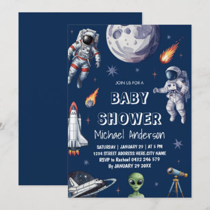 Invitation Tendance Rocket Ship Space Galaxy Alien Baby showe