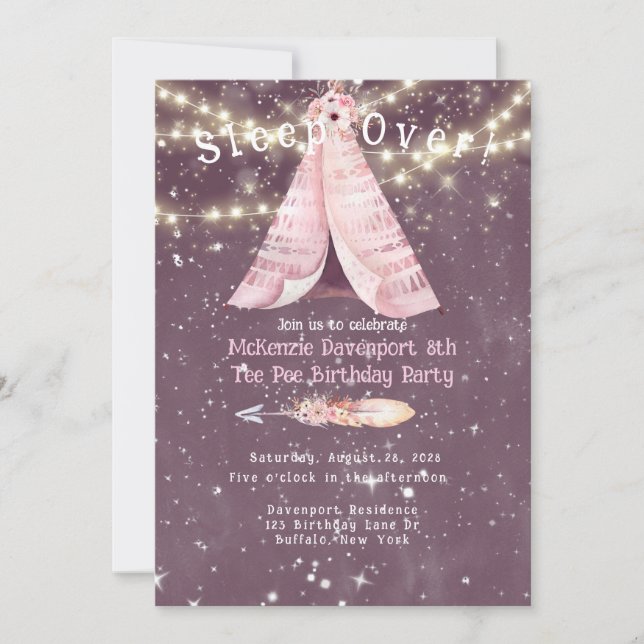 Invitation Tendance rose violet Tee Pee Girl Birthday Party I (Devant)