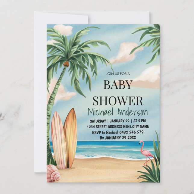 Invitation Tendance tropicale Fête de bébé Surf Plage d'été  (Devant)