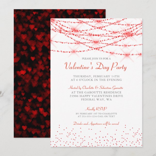 Invitation Tendance Valentine Hearts Bokeh Party (Devant / Derrière)