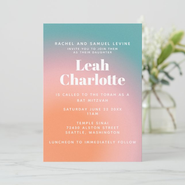 Invitation Tendance Vintage Gradient Turquoise Bat mitzvah ro (Debout devant)