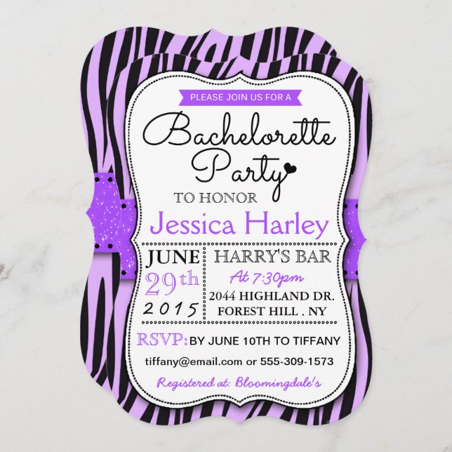 Invitation Tendance violet Zabra Print Bachelorette Party (Devant / Derrière)