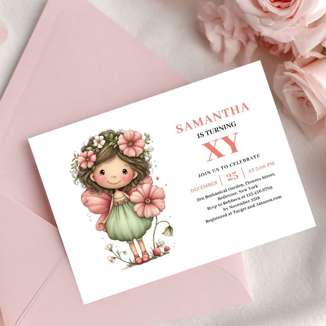 Invitation tendre fée fille anniversaire blush pas (Tender Fairy Girl Birthday Pastel Blush invitation)