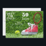Invitation Tennis 50th Birthday Enregistrer la date invitatio<br><div class="desc">Tennis 50th Birthday Sauvez l'invitation de la date, Il est temps de célébrer! Vous êtes cordialement invités à assister à un événement très spécial commémorant le 50e anniversaire de notre ami. Enregistrez la date dans votre calendrier et joignez-vous à nous pour un après-midi de tennis, suivi de gâteaux et de...</div>