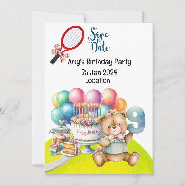 Invitation Tennis 9th Birthday Save Date for Party (Devant)