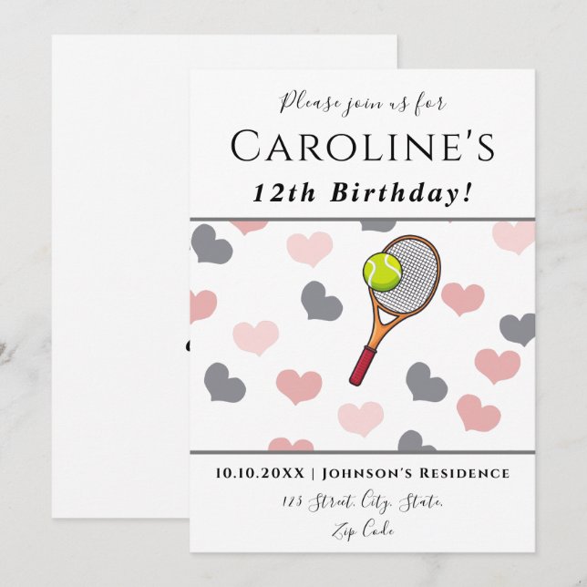 Invitation Tennis Amour Coeurs romantiques Pink & Grey Fête p (Devant / Derrière)