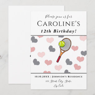 Invitation Tennis Amour Coeurs romantiques Pink & Grey Fête p