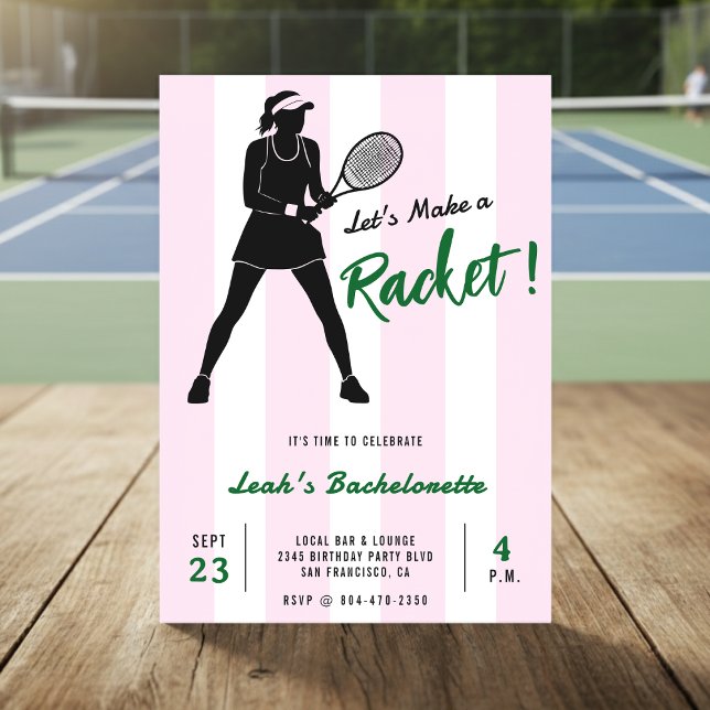 Invitation Tennis Bachelorette Faisons du Bruit Rose Rayé (Créateur téléchargé)