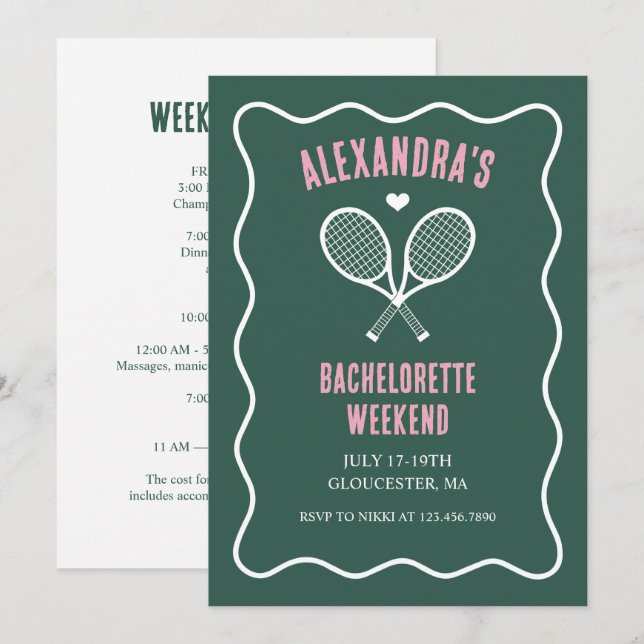 Invitation Tennis Bachelorette party preppy green (Devant / Derrière)
