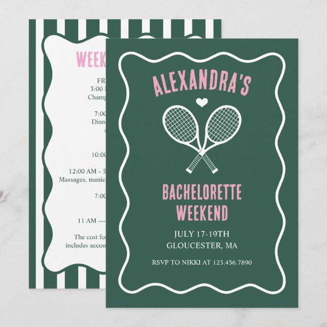 Invitation Tennis Bachelorette party preppy green (Devant / Derrière)