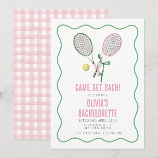 Invitation Tennis Bachelorette party preppy plaid pink green (Devant / Derrière)