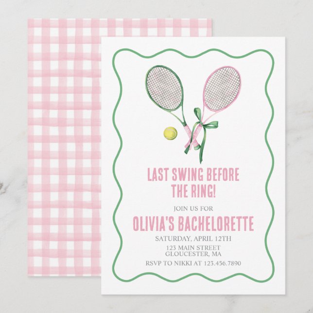 Invitation Tennis Bachelorette party preppy plaid pink green (Devant / Derrière)
