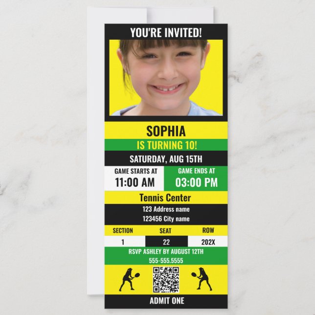 Invitation Tennis Billet Anniversaire (Jaune/Vert/Noir) (Devant)
