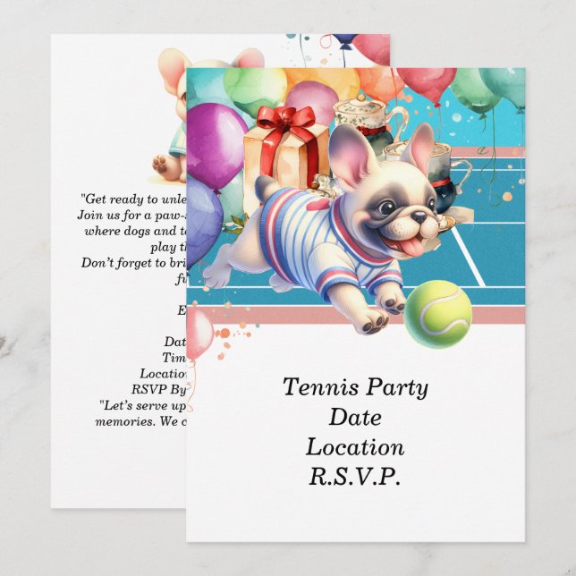 Invitation Tennis Chien fête d'anniversaire (Devant / Derrière)
