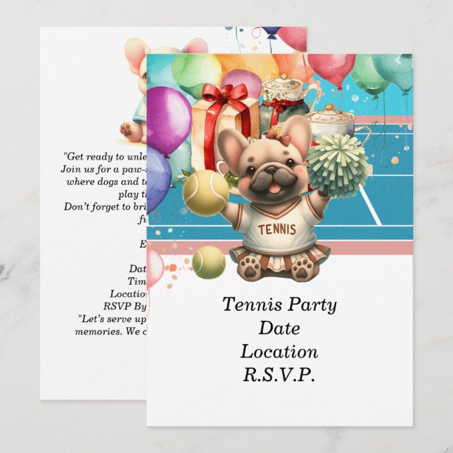 Invitation Tennis Chien fête d'anniversaire (Devant / Derrière)