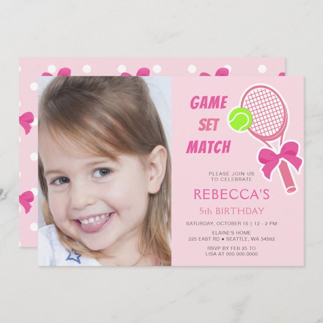 Invitation Tennis Coquette Pink Bow Photo Girl Anniversaire (Devant / Derrière)