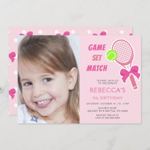 Invitation Tennis Coquette Pink Bow Photo Girl Anniversaire
