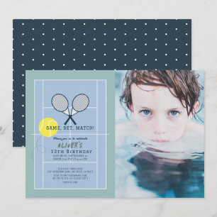 Invitation Tennis Court Racquet Blue Boy Photo Anniversaire
