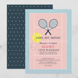 Invitation Tennis Court Racquet Rose Girl Anniversaire