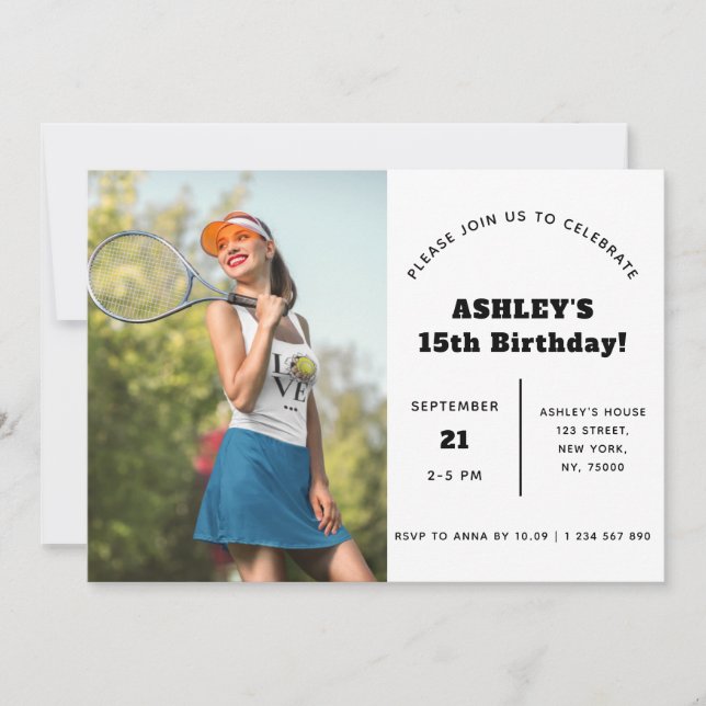 Invitation Tennis Girl Photo Enfant Anniversaire Soirée Sport (Devant)